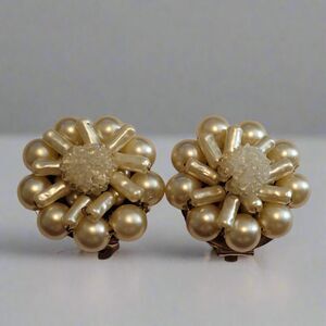 Vintage Faux Pearl Beaded Button Clip-On Earrings